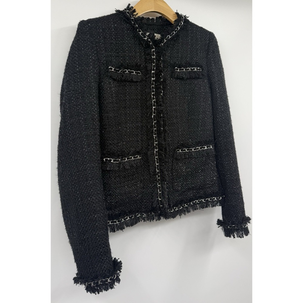 Boston Proper Parisian Shimmer Tweed Jacket SZ 10 Blazer Black Silver Chain Wool - Picture 4 of 10